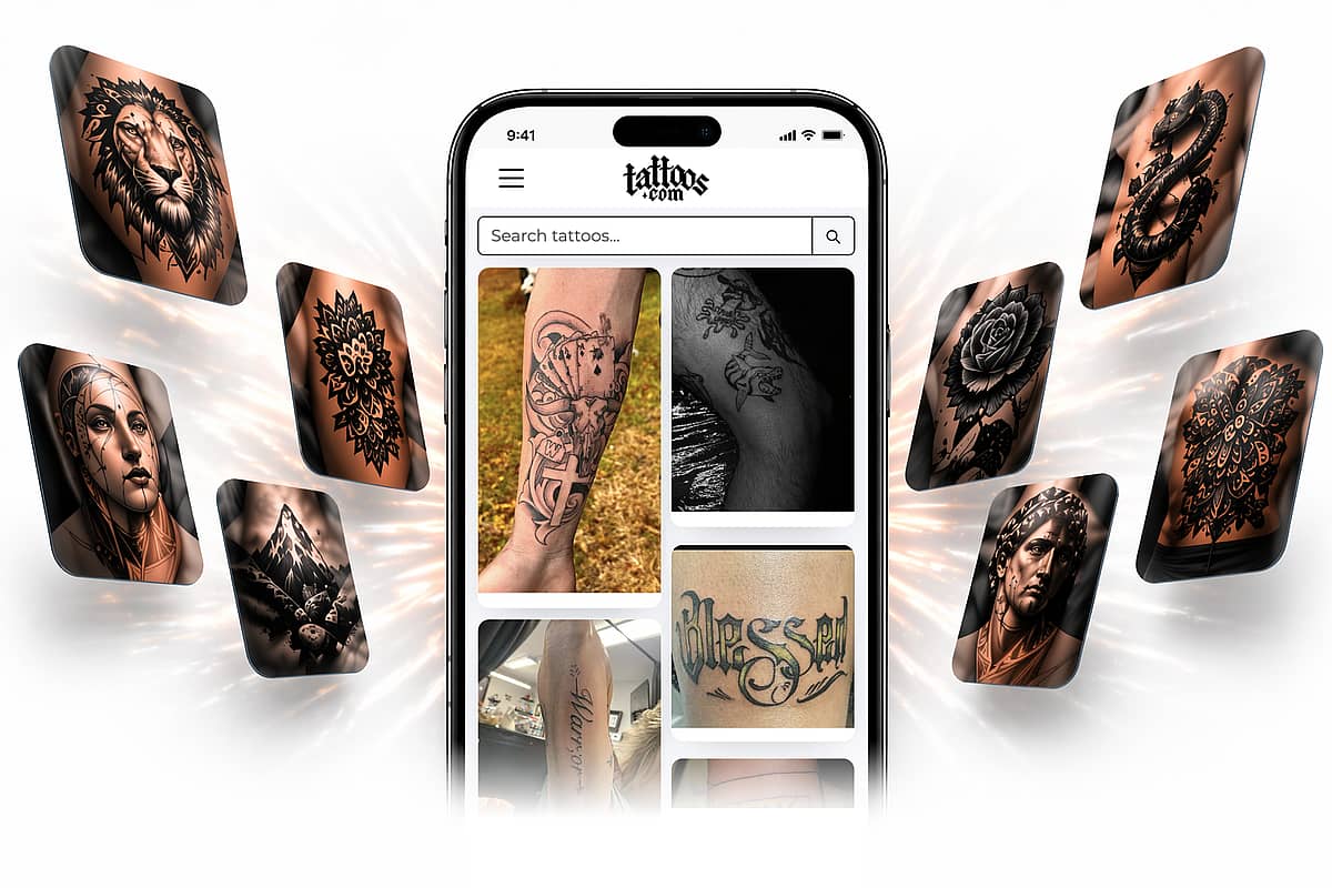Tattoos.com mobile preview showing tattoo ideas, designs, artists and shops