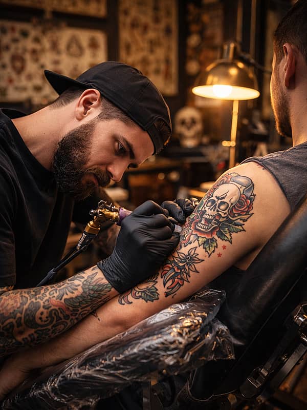 Tattoo artist profiles with portfolio thumbnails and style specialties