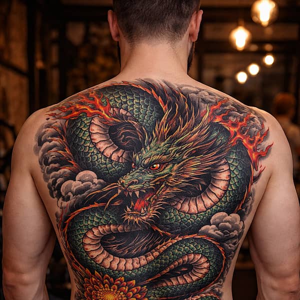 Japanskinspirerade draktatueringar i svart och grått