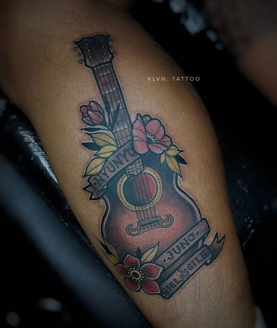 Acoustic Guitar with Floral Banners