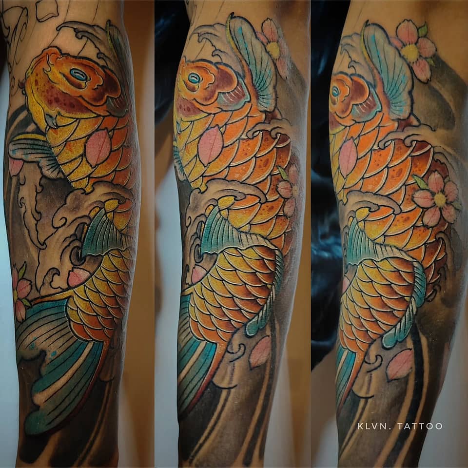 Ascending Golden Koi with Cherry Blossoms