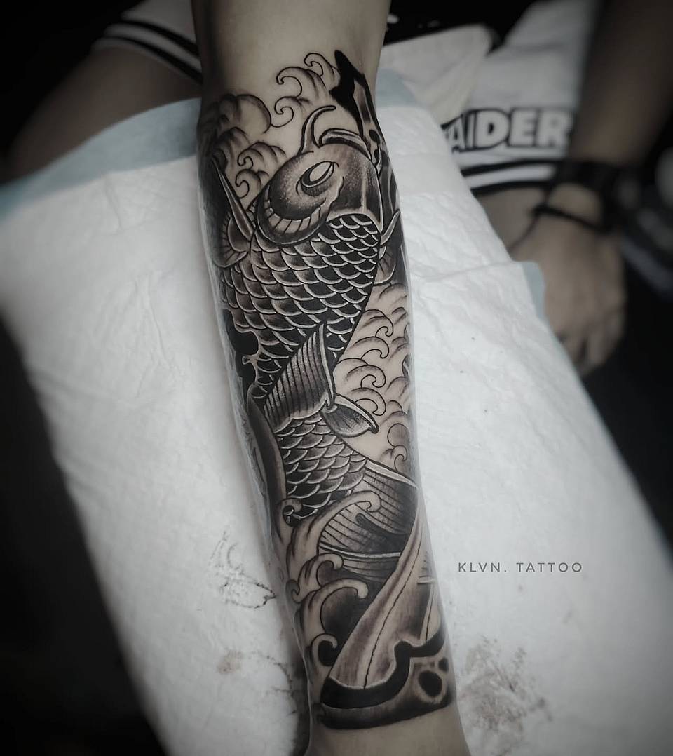 Ascending Koi with Waves