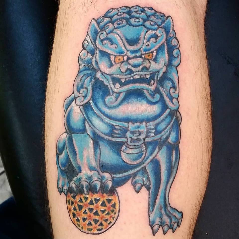Azure Guardian Lion with Brocade Ball
