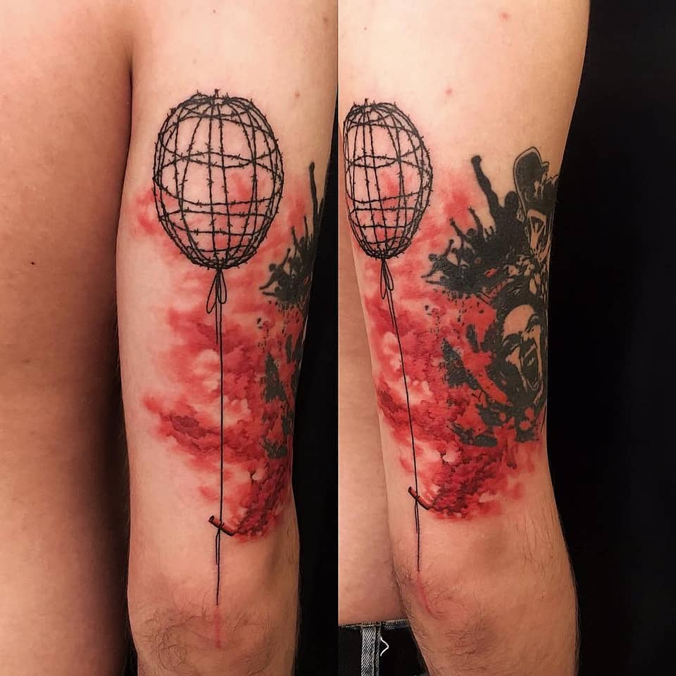 Barbed-Wire Balloon with Red Watercolor