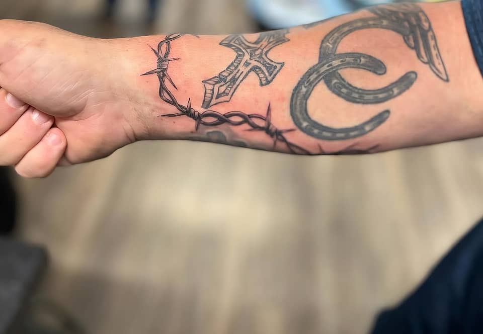 Barbed Wire Band with Cross and Horseshoe