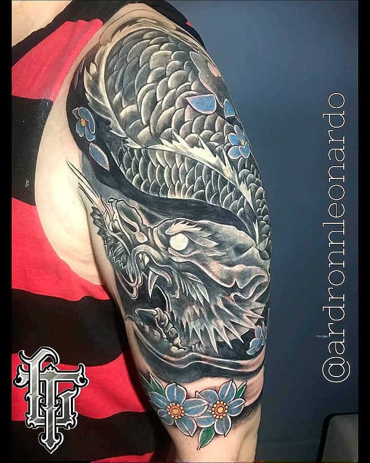Black-and-Grey Japanese Dragon Half-Sleeve