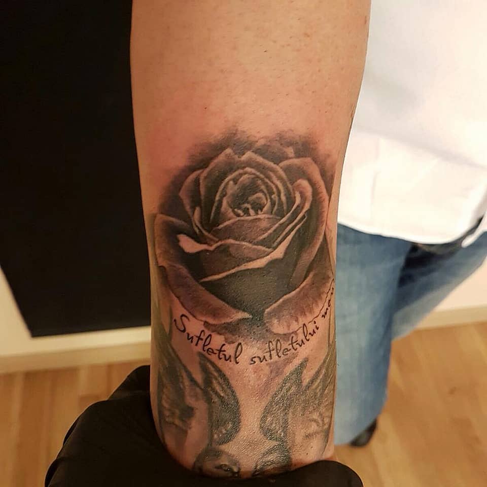 Black-and-Grey Realistic Rose with Script