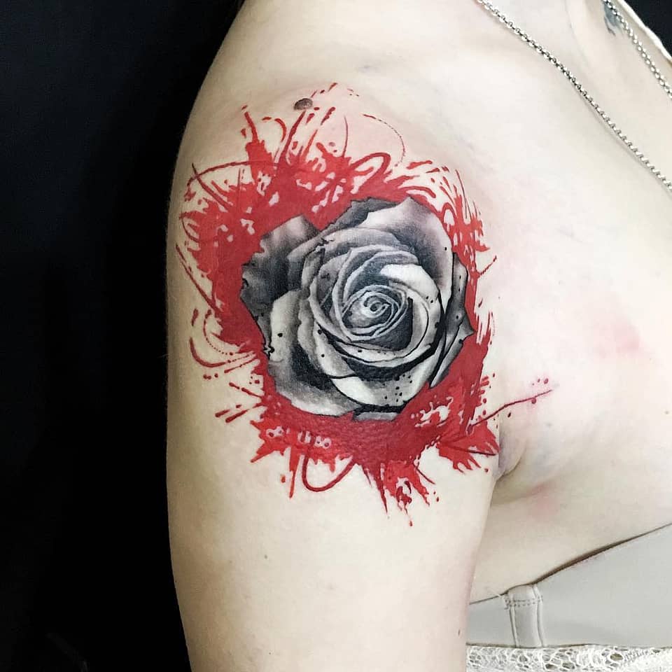 Black-and-Grey Rose with Red Splash