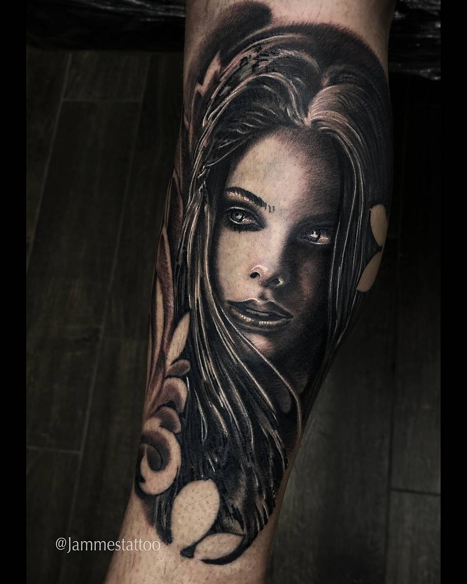 Black & Grey Realistic Woman Portrait with Ornament