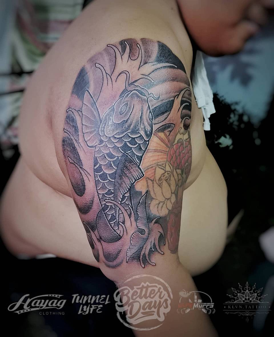 Black Koi and Lotus Japanese Half Sleeve