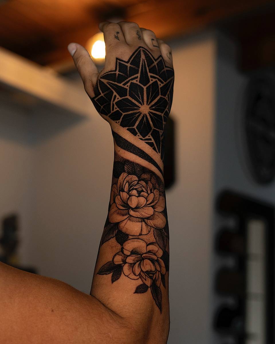 Blackwork Mandala and Peony Forearm Piece