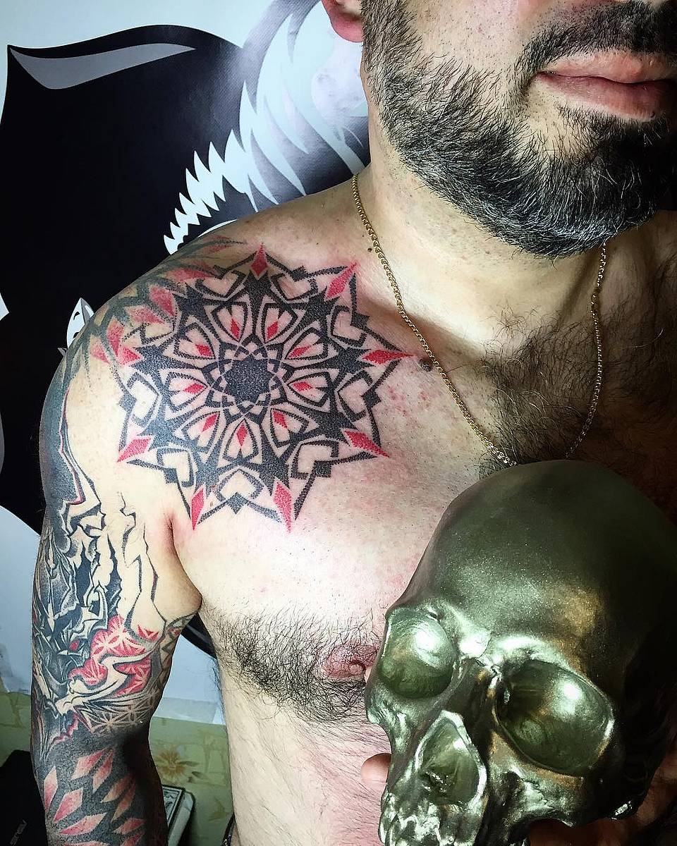 Blackwork Mandala Star with Red Accents