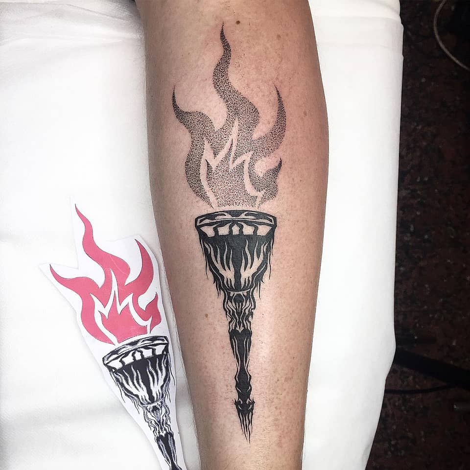 Blackwork Torch with Dotwork Flame