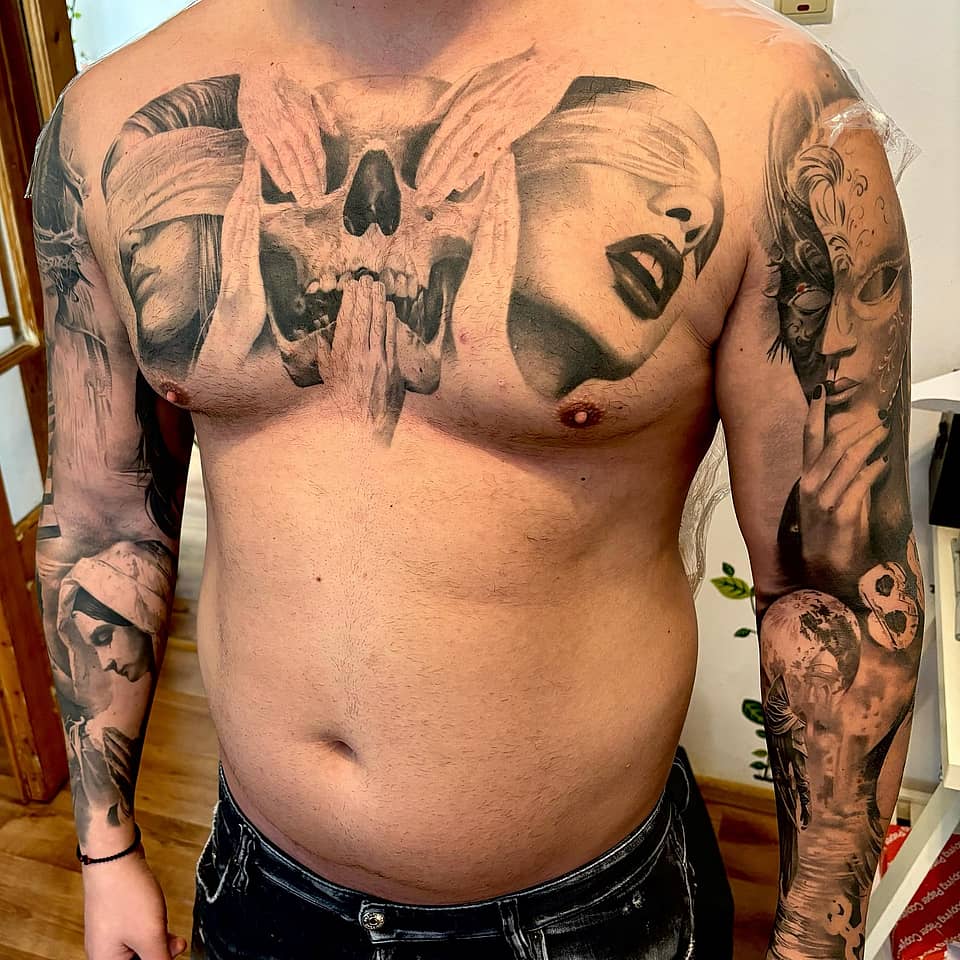 Blindfolded Faces & Skull Chestpiece with Dark Sleeves