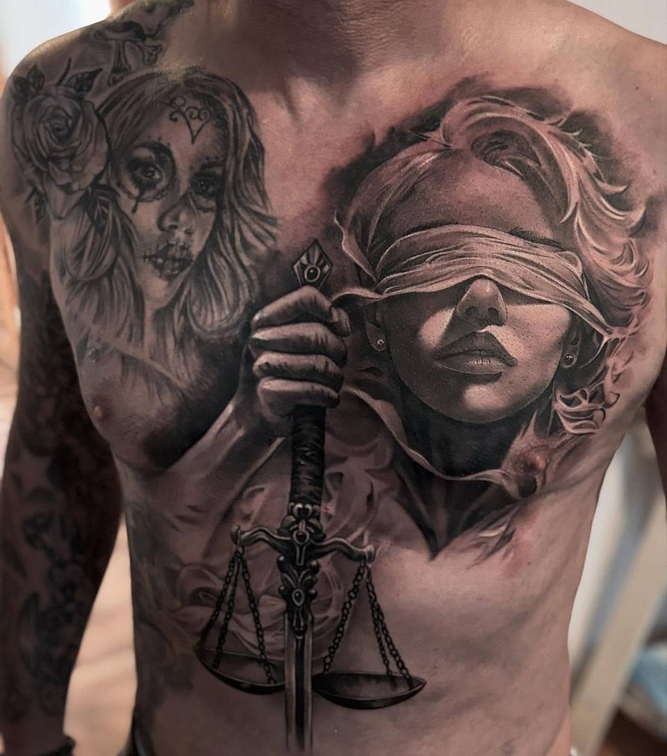 Blindfolded Lady Justice Chest Piece