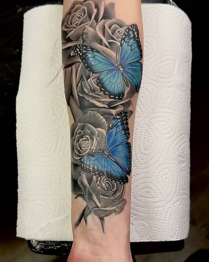 Blue Butterflies and Roses