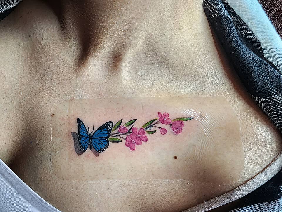 Blue Butterfly with Pink Blossoms