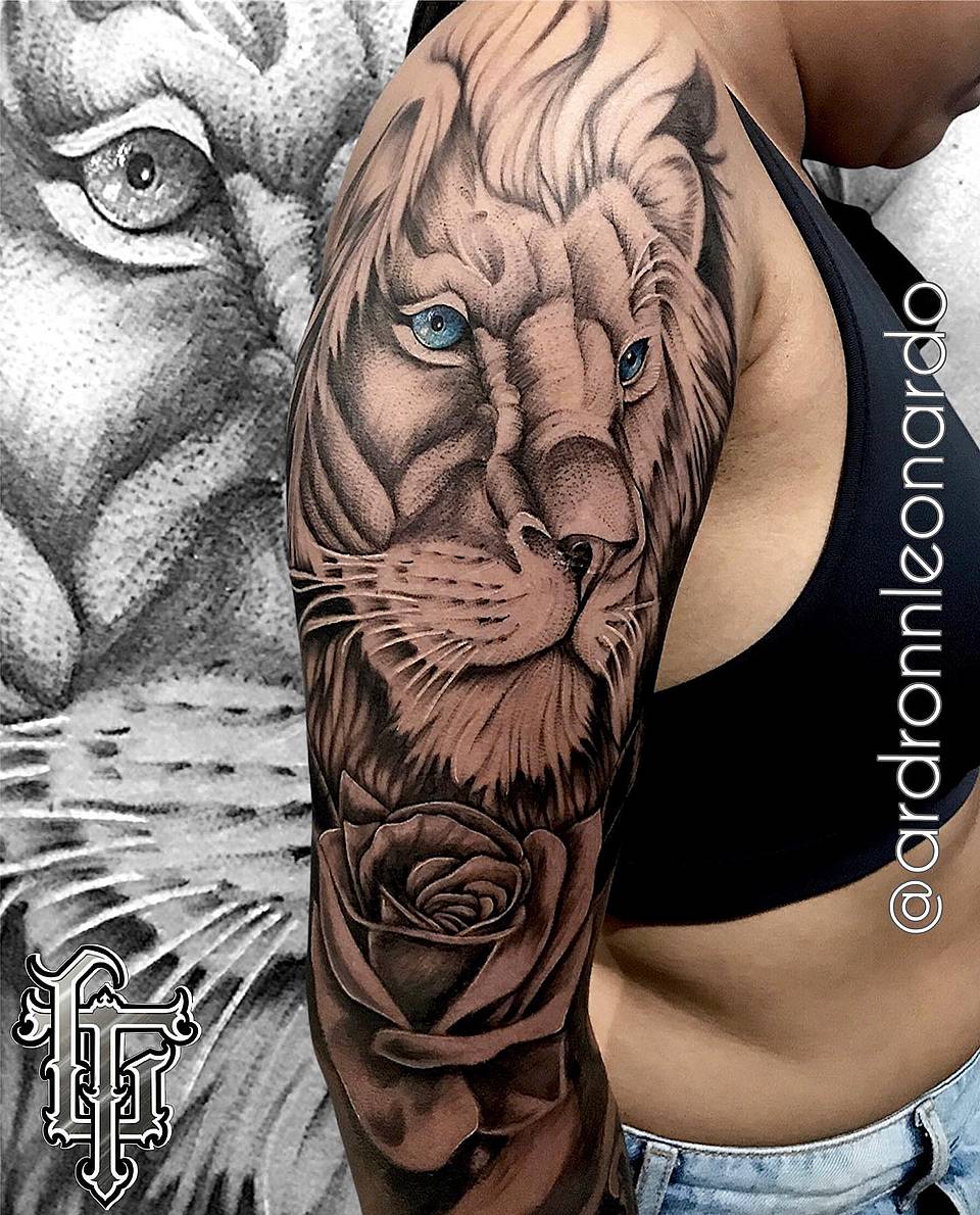 Blue-Eyed Lion and Rose Half Sleeve