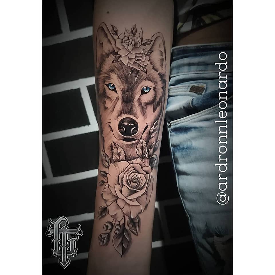 Blue-Eyed Wolf with Roses