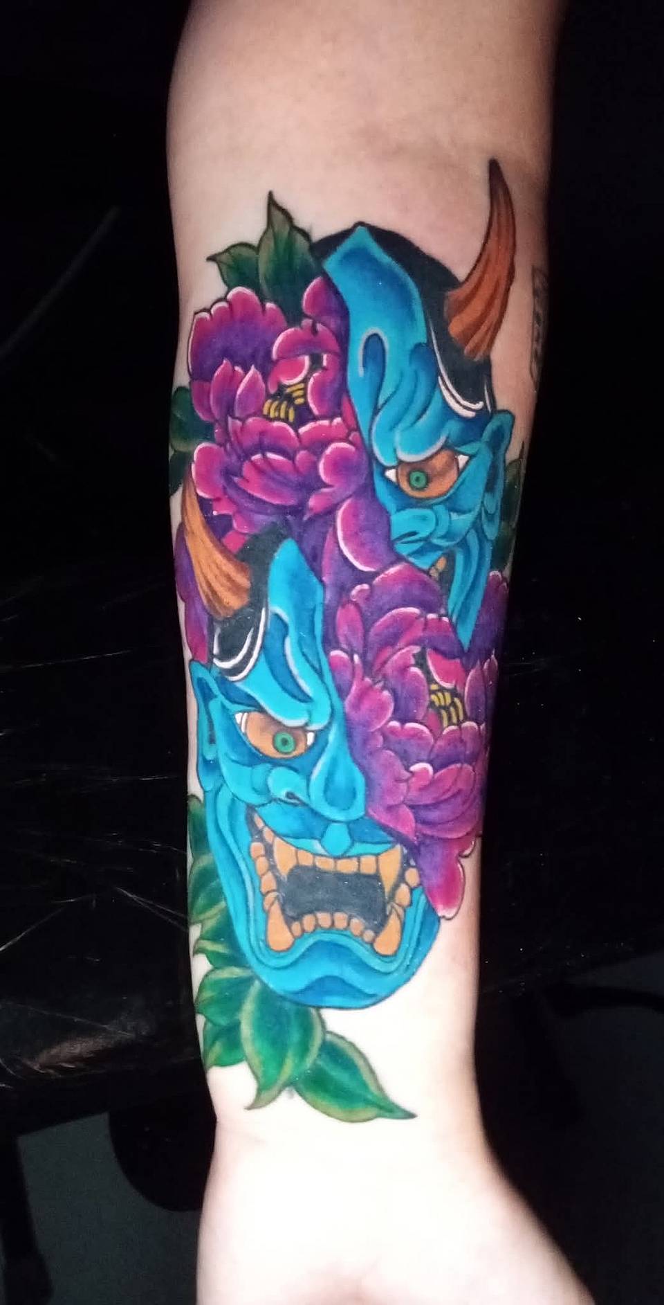 Blue Hannya and Peonies