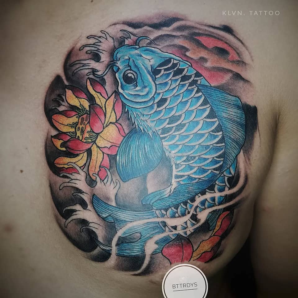Blue Koi and Lotus Chest Piece