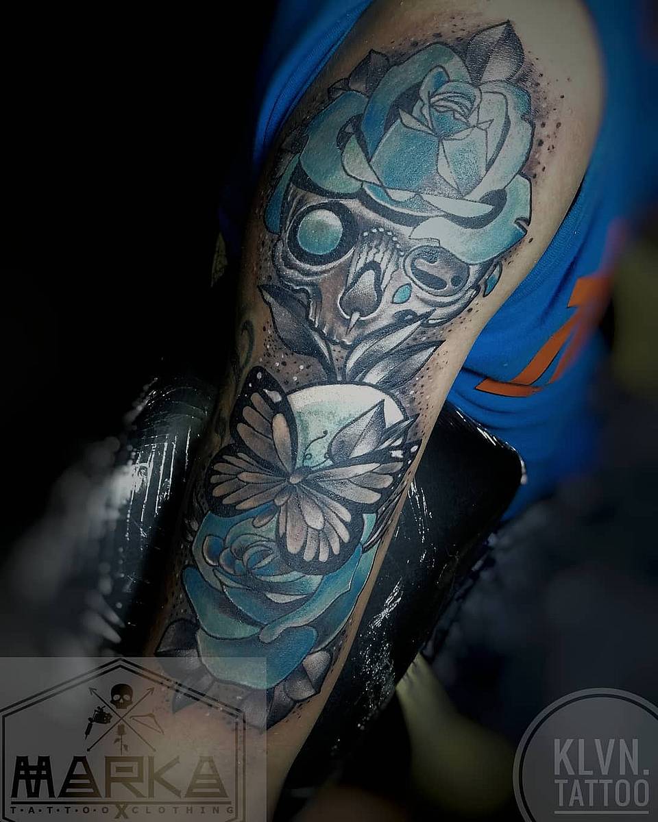 Blue Rose Skull & Butterfly Half-Sleeve