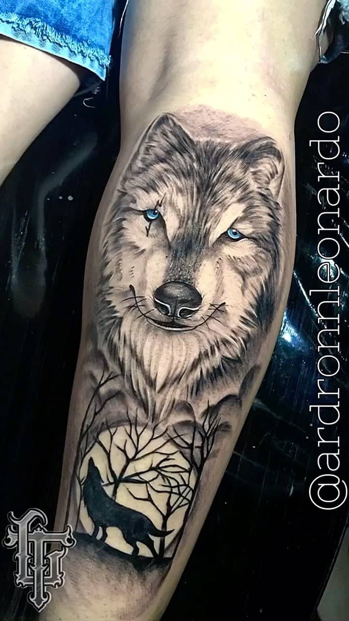 Blue‑Eyed Wolf with Howling Silhouette