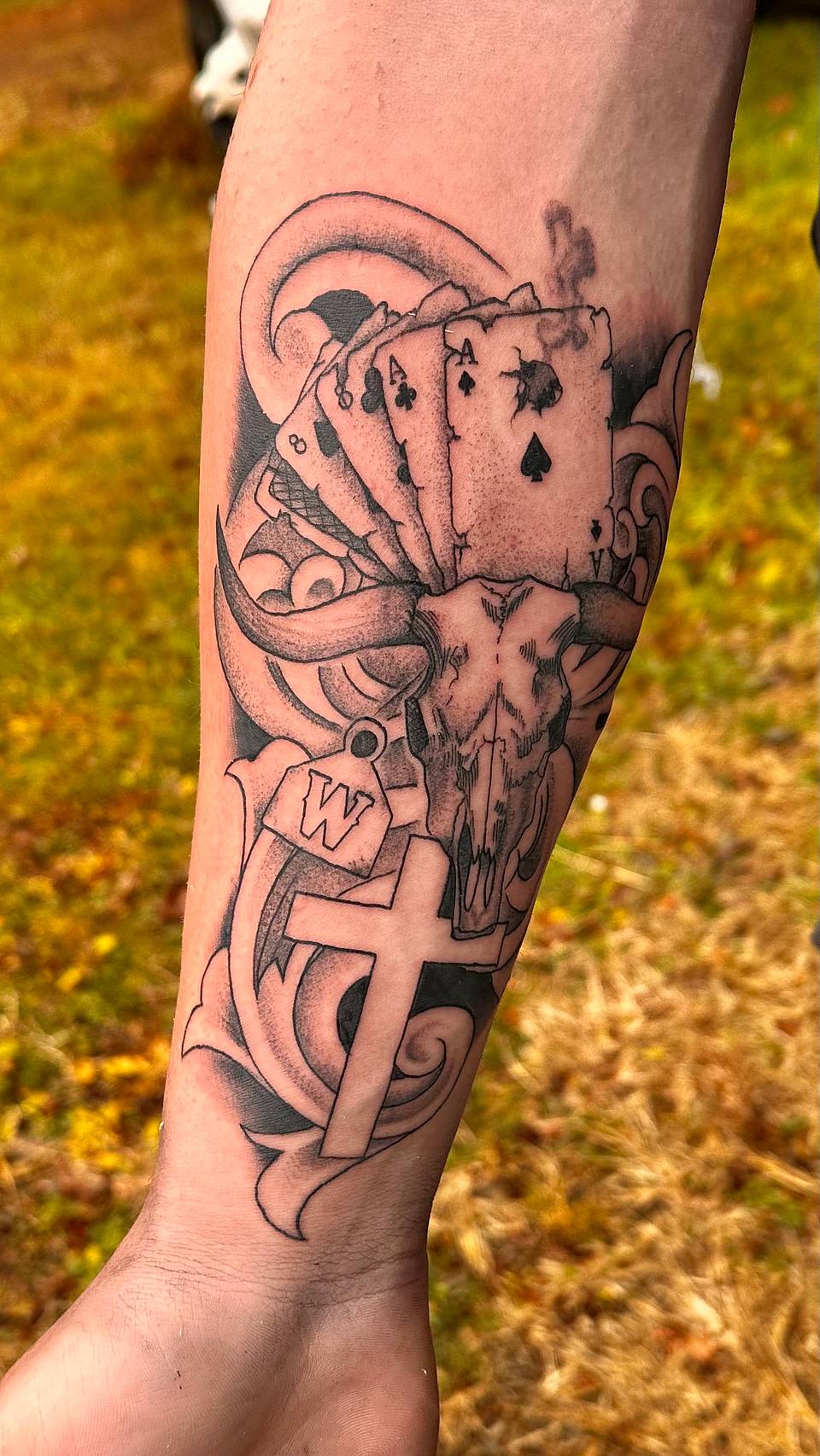 Bull Skull with Fanned Cards and Cross