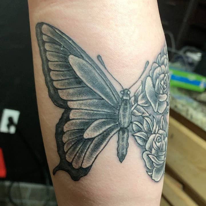 Butterfly and Roses in Black & Grey