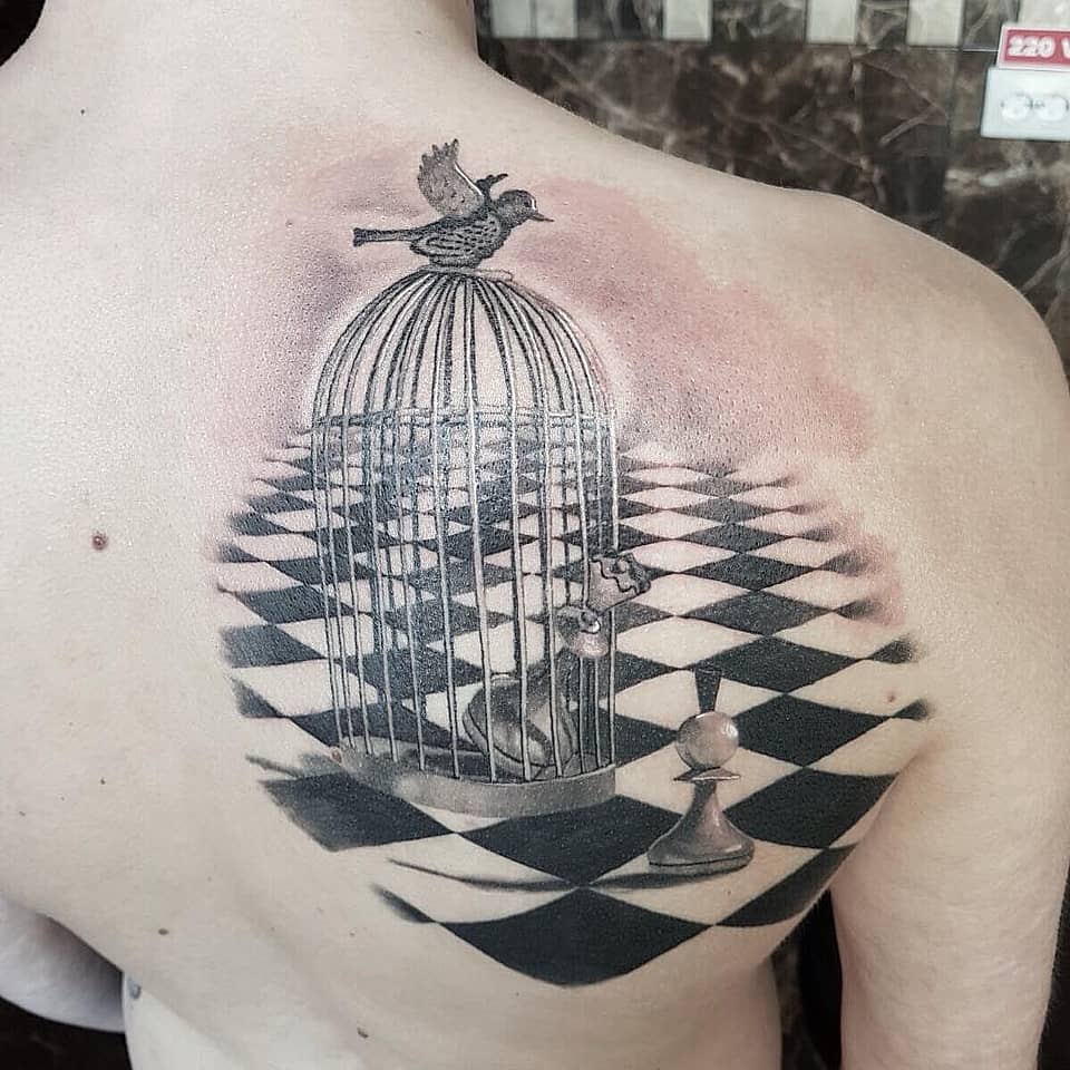 Caged Rabbit on Chessboard with Pawn and Bird