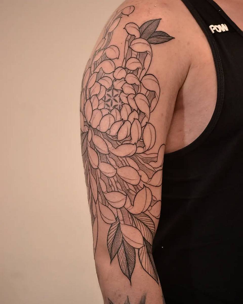 Chrysanthemum Mandala Linework Half-Sleeve