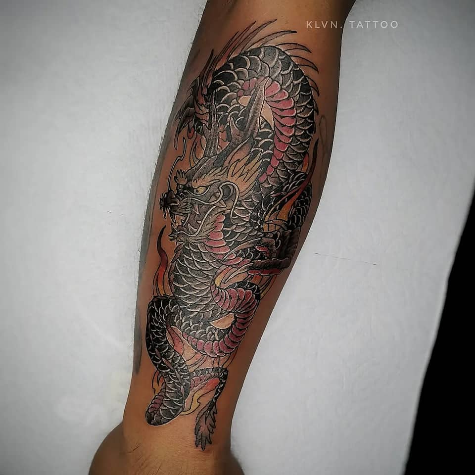 Coiled Black-and-Red Japanese Dragon