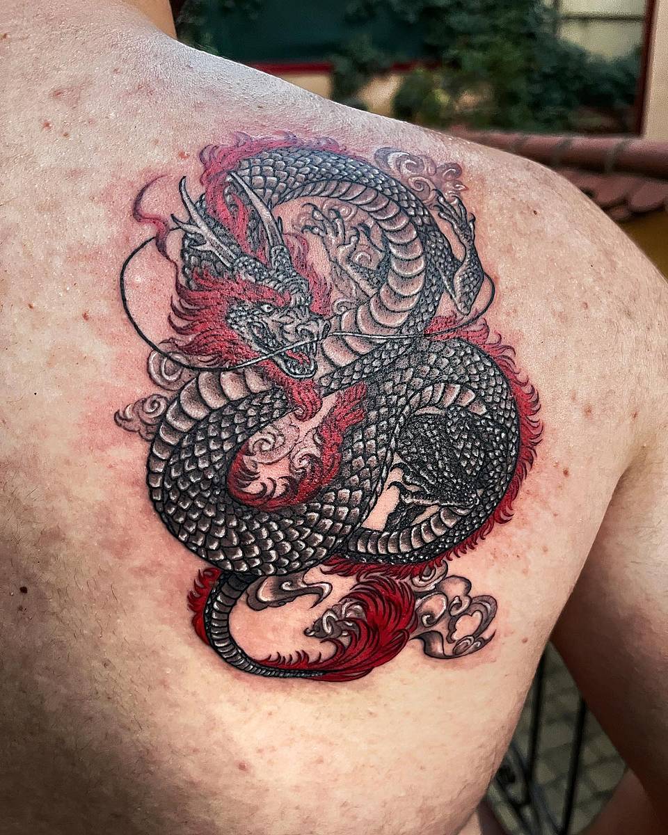 Coiled Crimson-Accented Asian Dragon