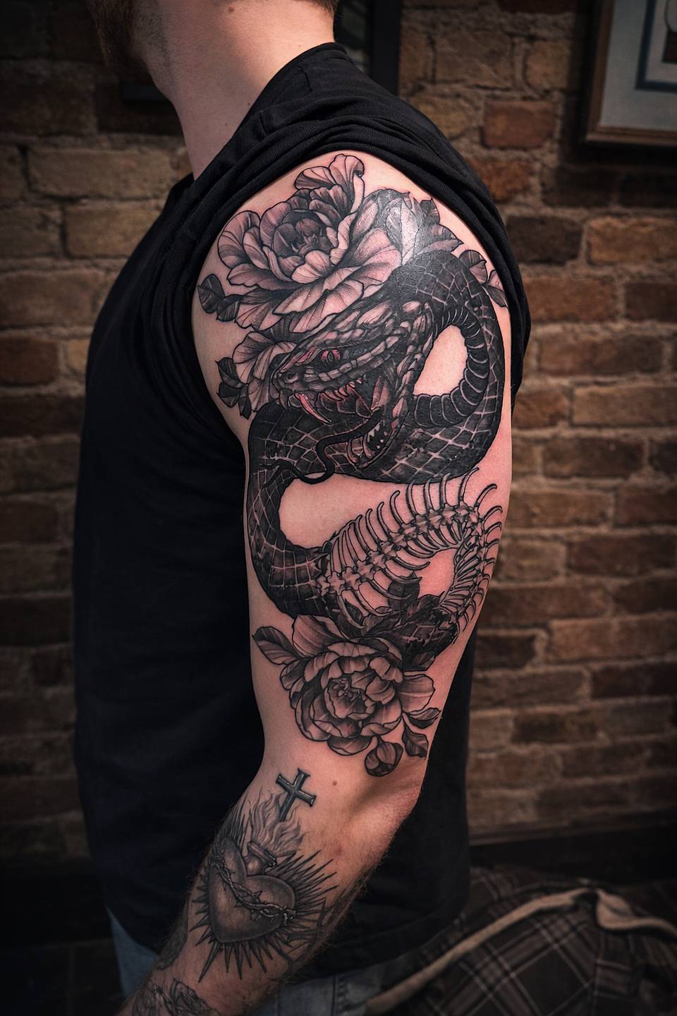 Coiled Serpent and Peonies Half-Sleeve