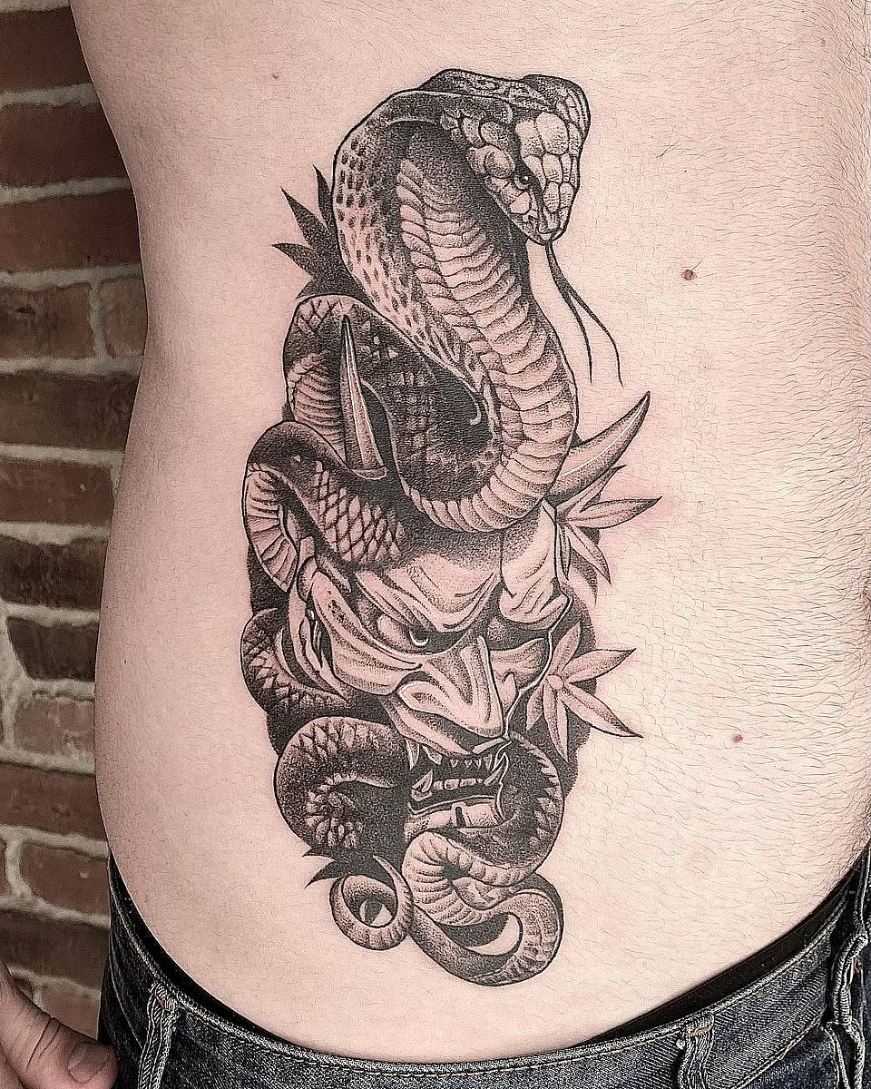 Coiled Snake and Oni Mask