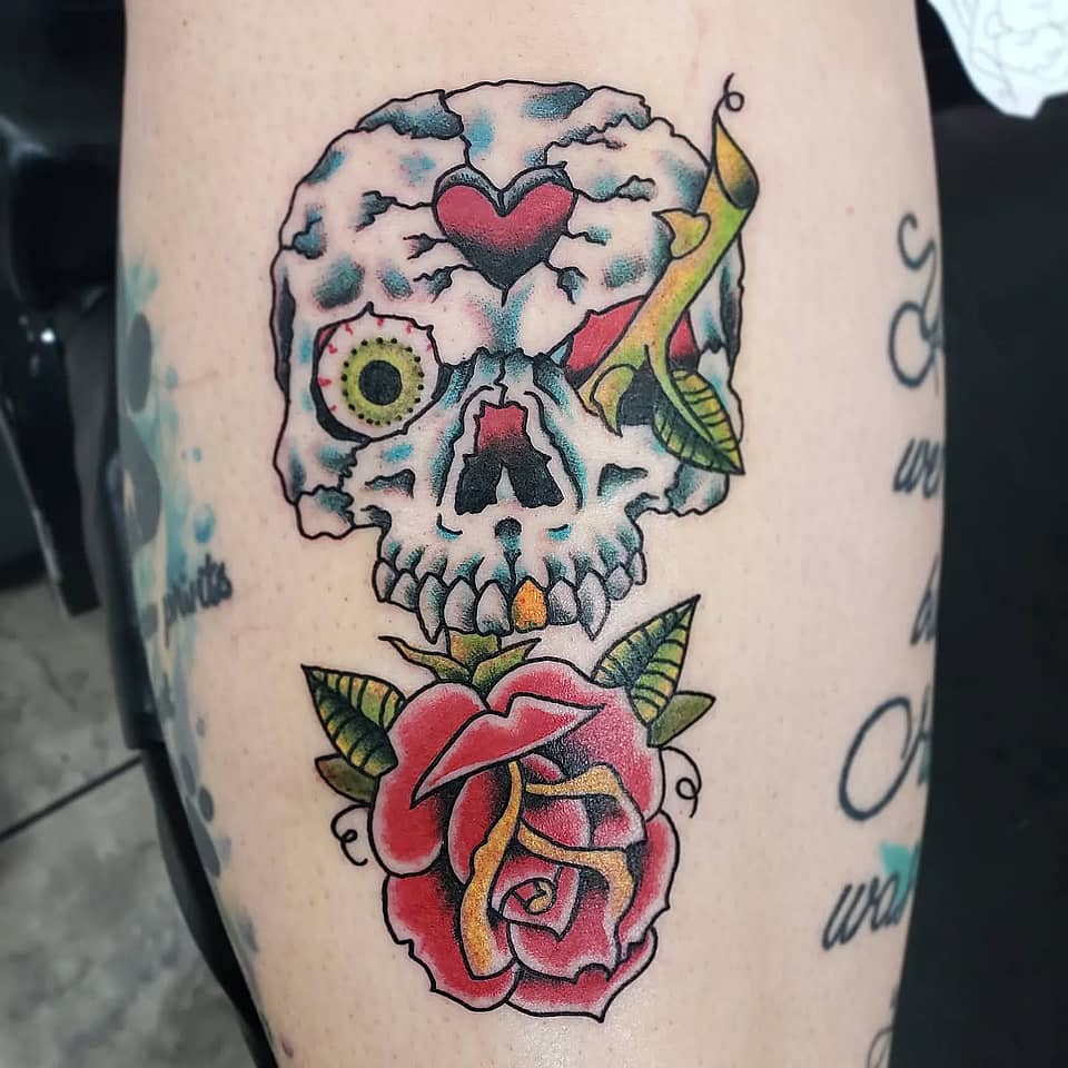 Cracked Heart Skull & Rose