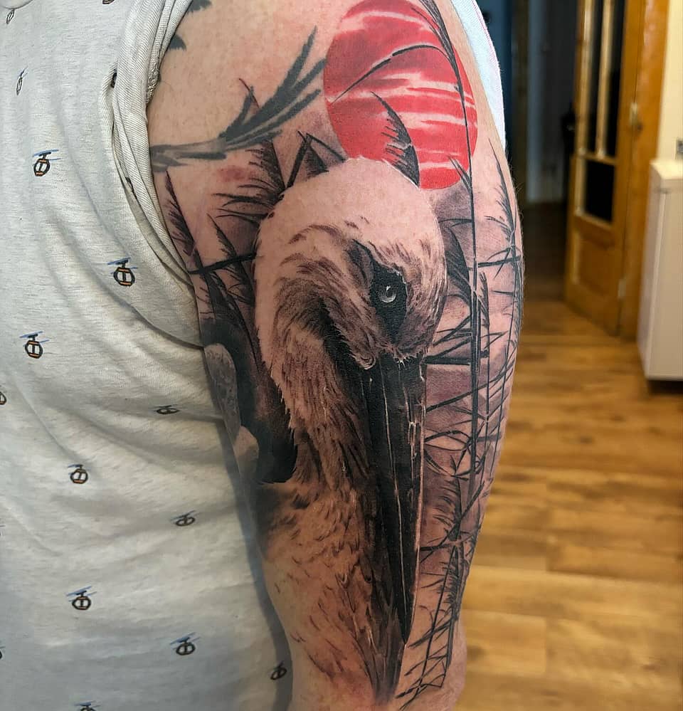 Crane with Red Sun