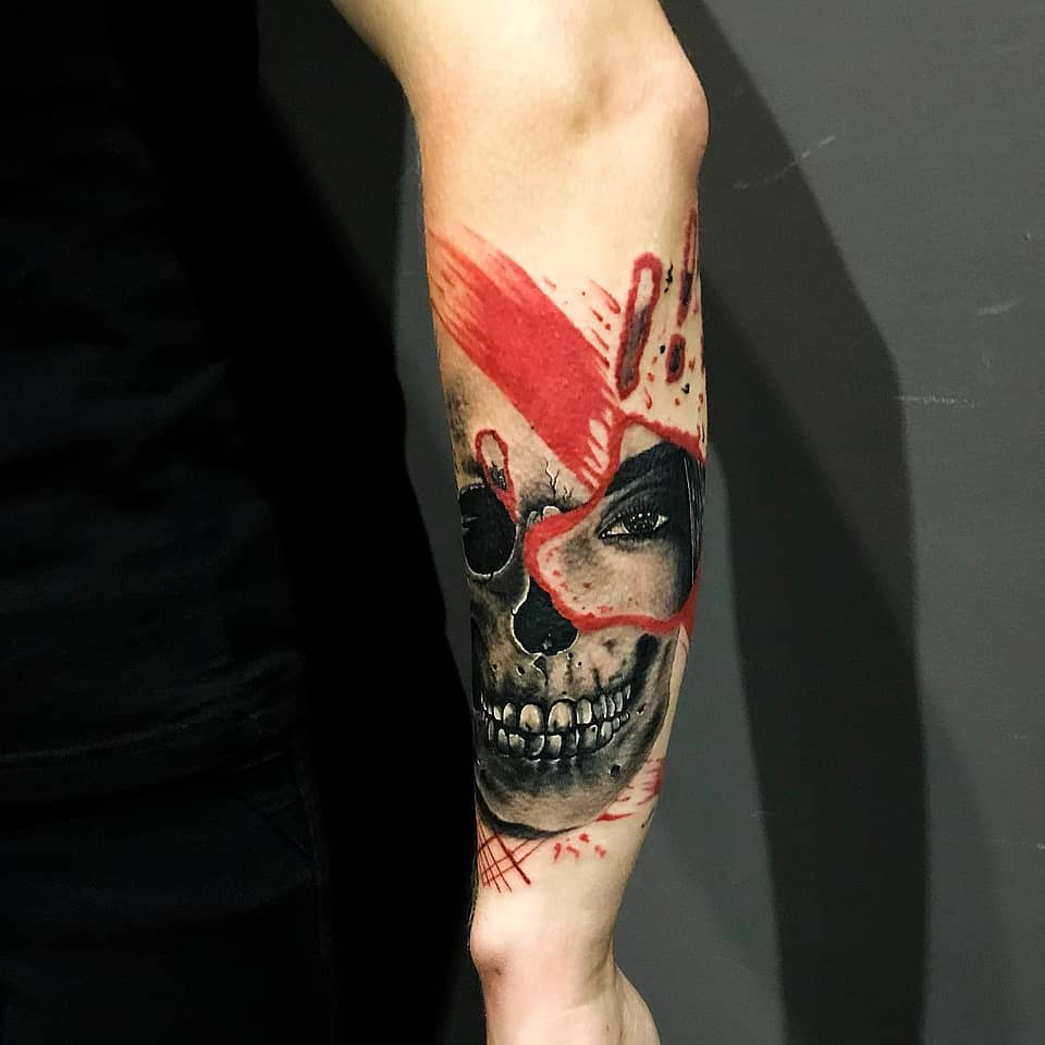 Crimson Brushstroke Skull Portrait