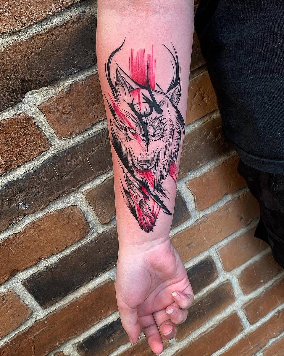 Crimson Brushstroke Wolf