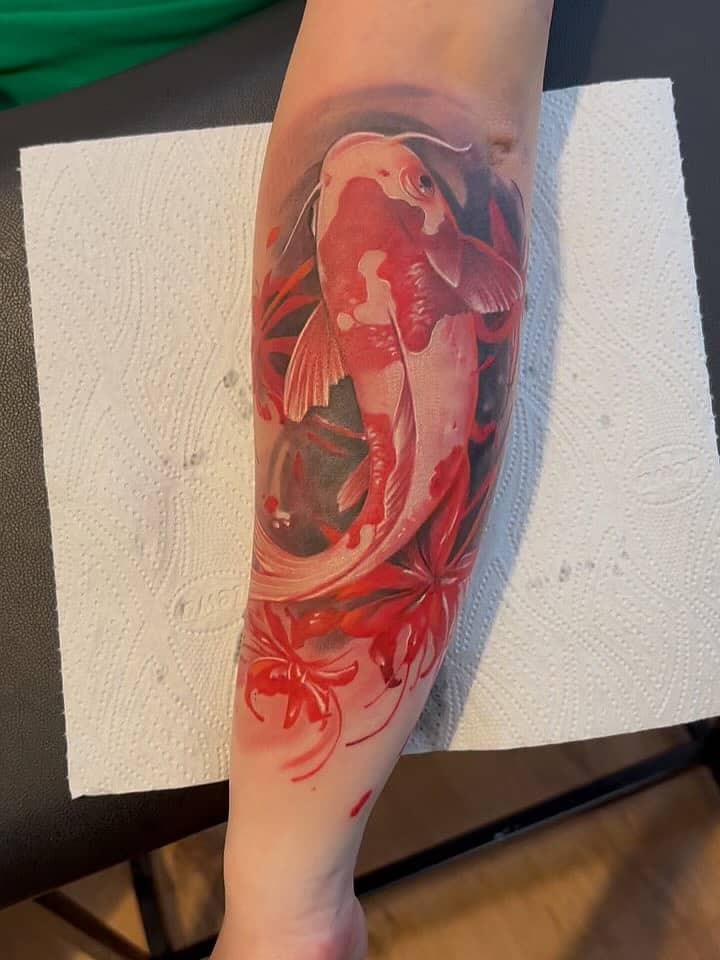 Crimson Koi and Spider Lilies