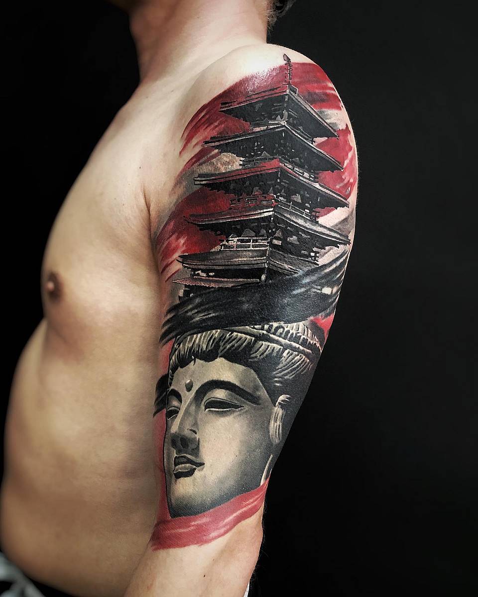 Crimson Pagoda and Serene Buddha Half Sleeve