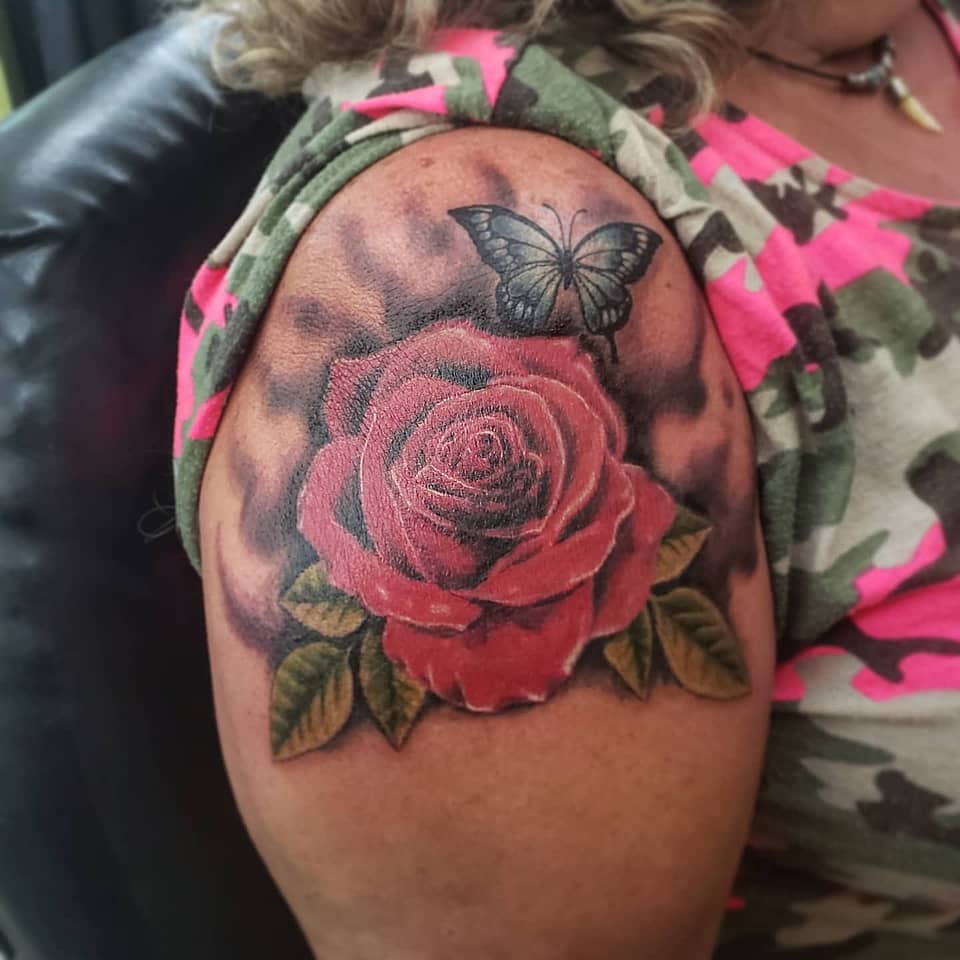 Crimson Rose with Butterfly