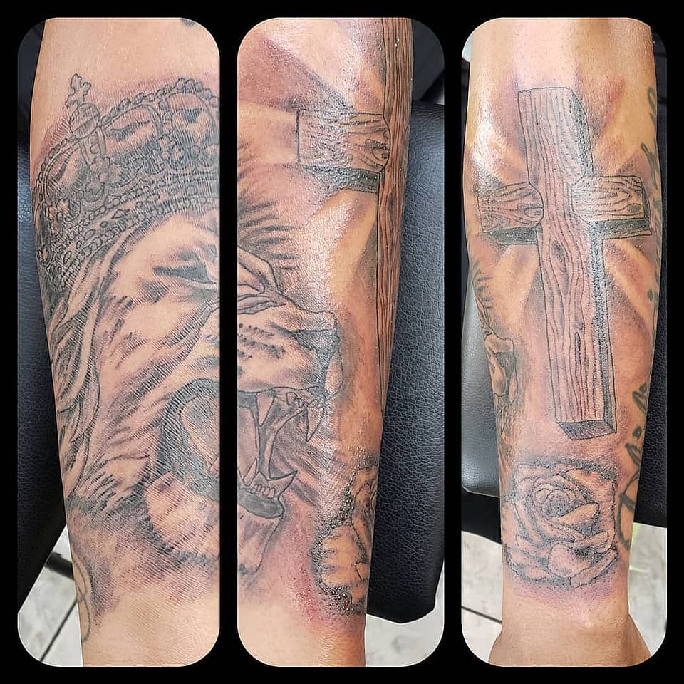Crowned Lion and Cross with Rose