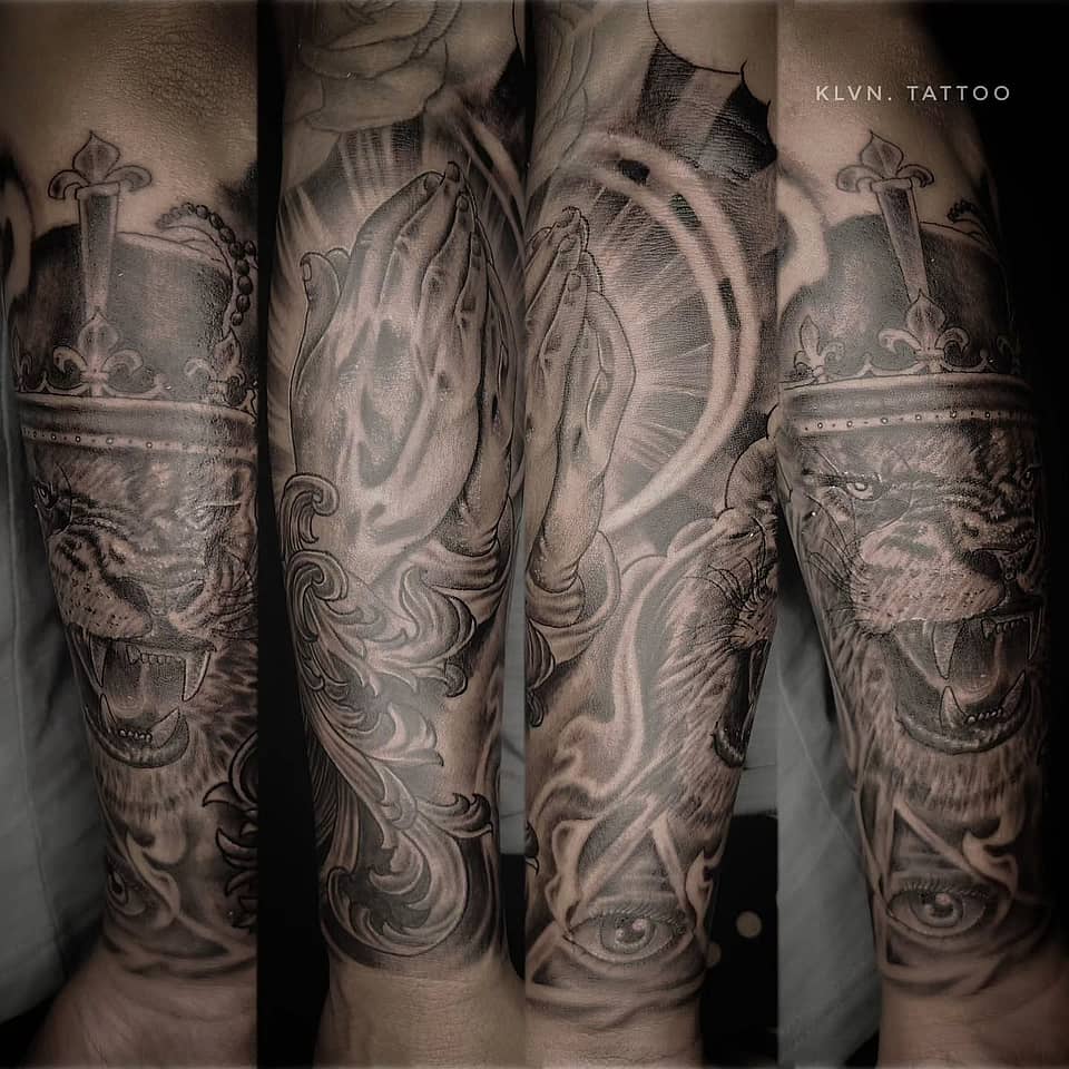 Crowned Lion & Praying Hands Forearm Sleeve