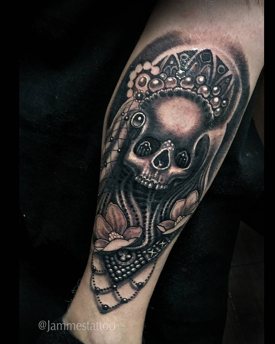 Crowned Skull with Ornamental Beads and Flowers