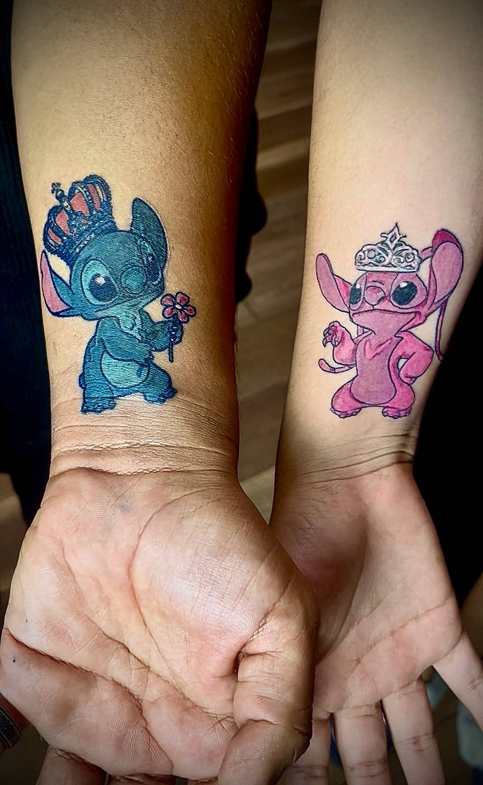 Crowned Stitch & Angel Matching Tattoos