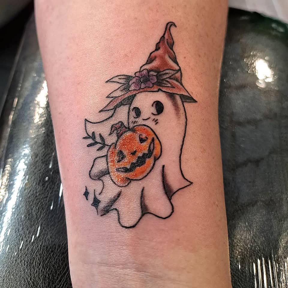 Cute Witchy Ghost with Jack-o'-Lantern