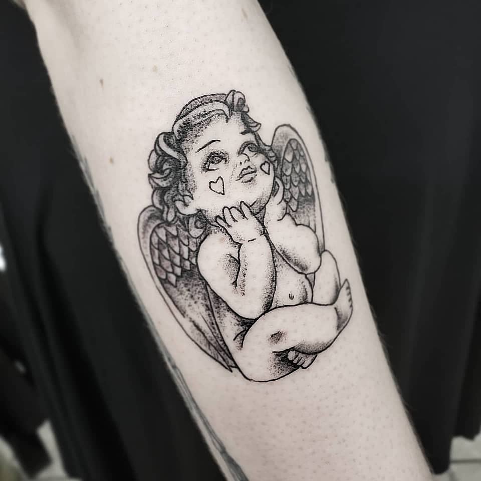 Daydreaming Cherub with Heart Cheeks