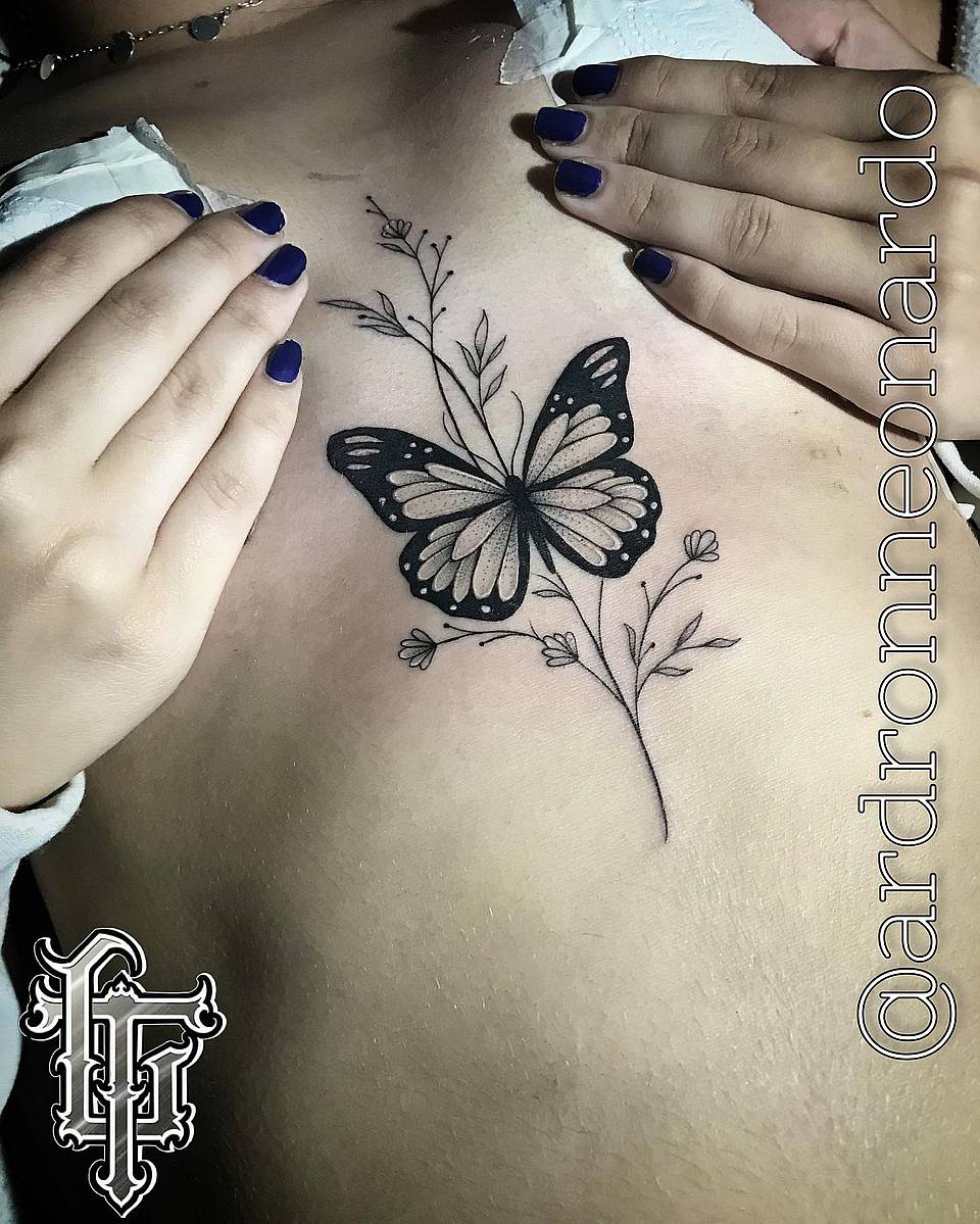 Delicate Butterfly and Wildflower Chest Tattoo