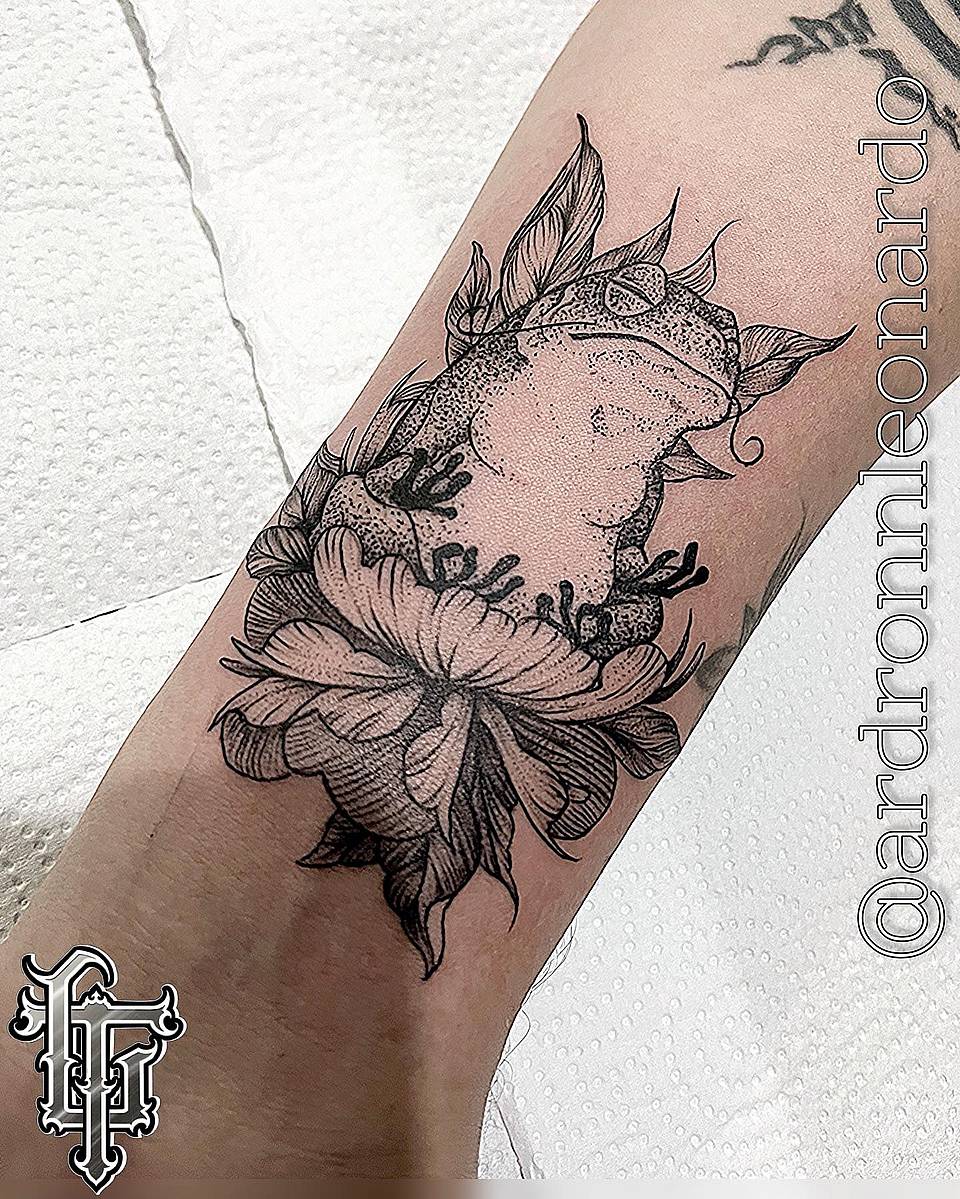 Dotwork Frog Among Peonies